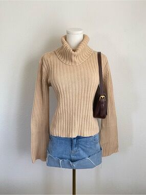 Vintage Q&A Beige Turtleneck Ribbed Knit Cotton Sweater Size Small